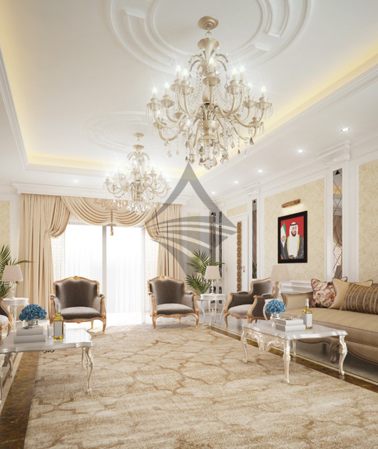 Luxurious living room with bespoke furniture by Art Wave, the top interior designers in UAE